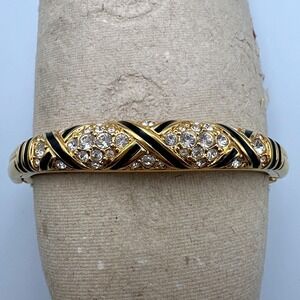 Vintage Swarovski Crystal & Black Enamel Gold Tone Hinged Swan Logo Bracelet
